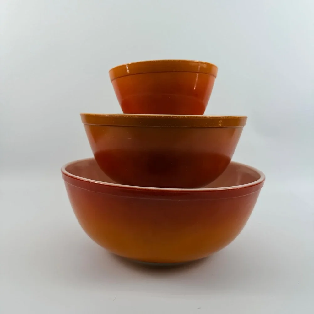 Vintage Pyrex Flameglo Mixing Bowl Set 404 403 401 Orange Nesting Bowls